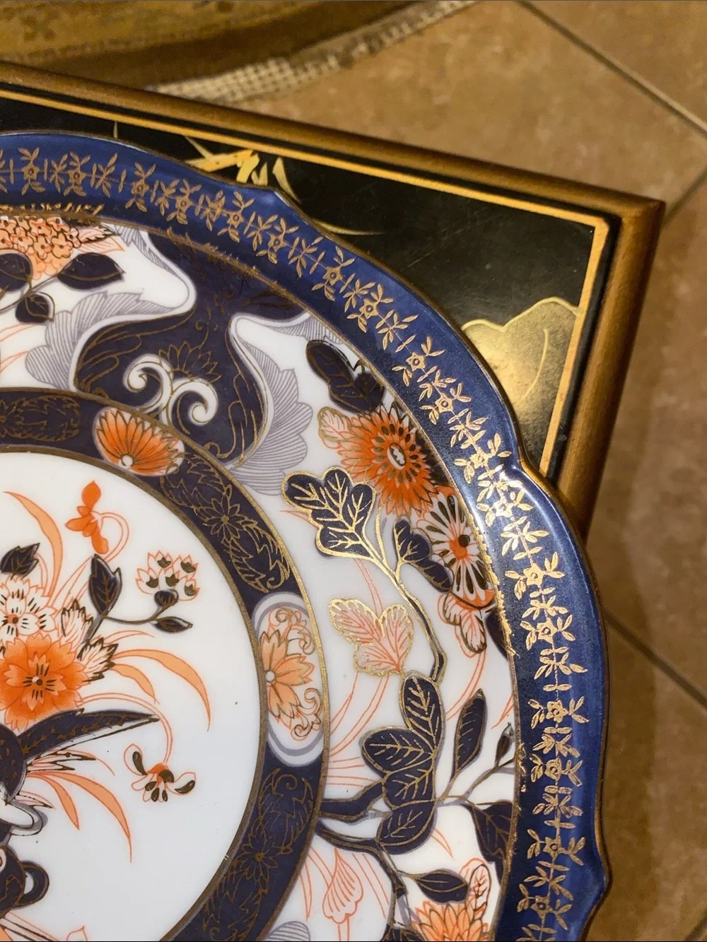 Vintage Decorative Porcelain Accent Plate in Navy, Orange, Gold - Floral Pattern